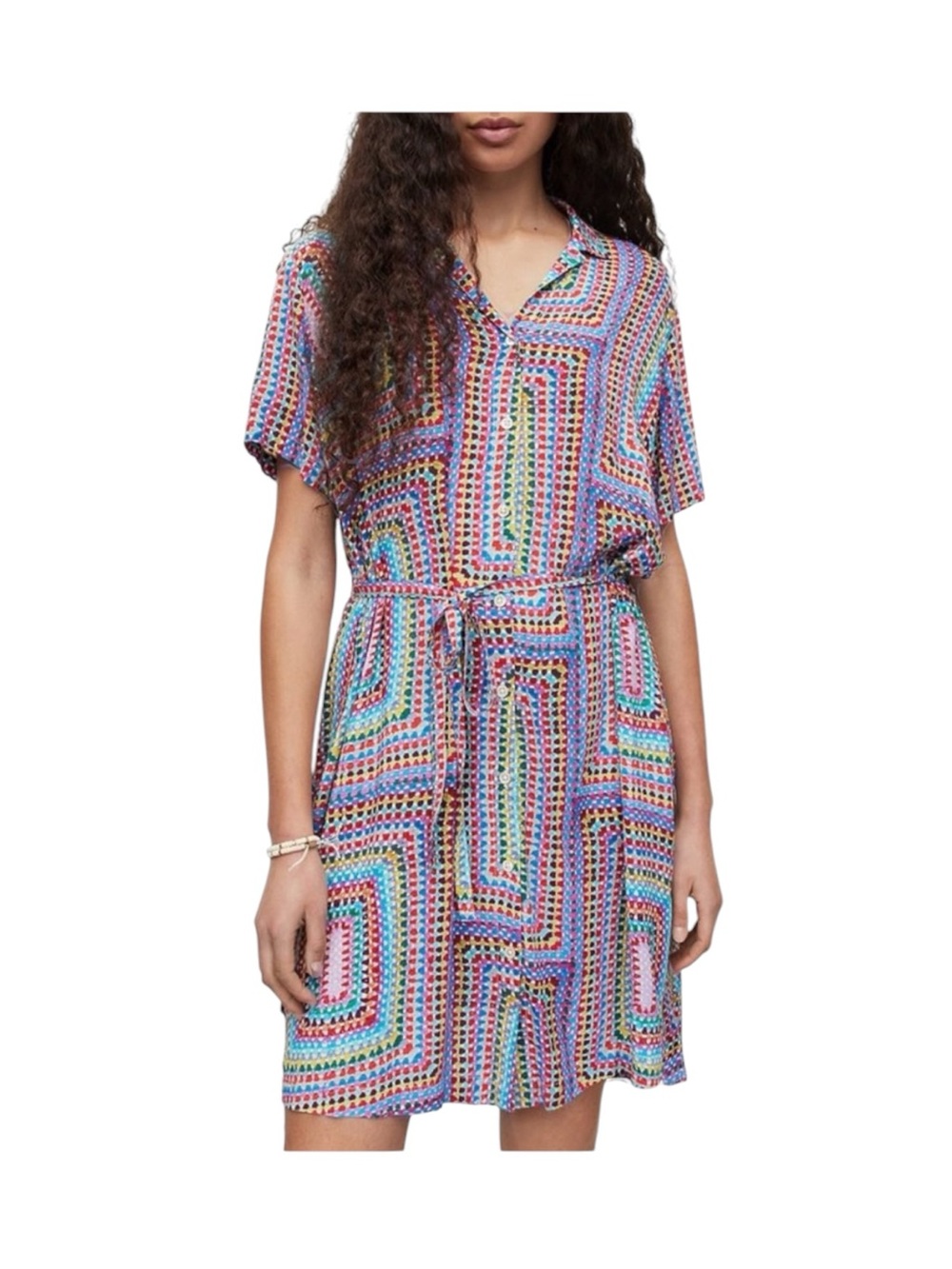 AllSaints Athea Luisa Dress Womens 2 Multi Color Geometric Shirt Dress Tie Waist